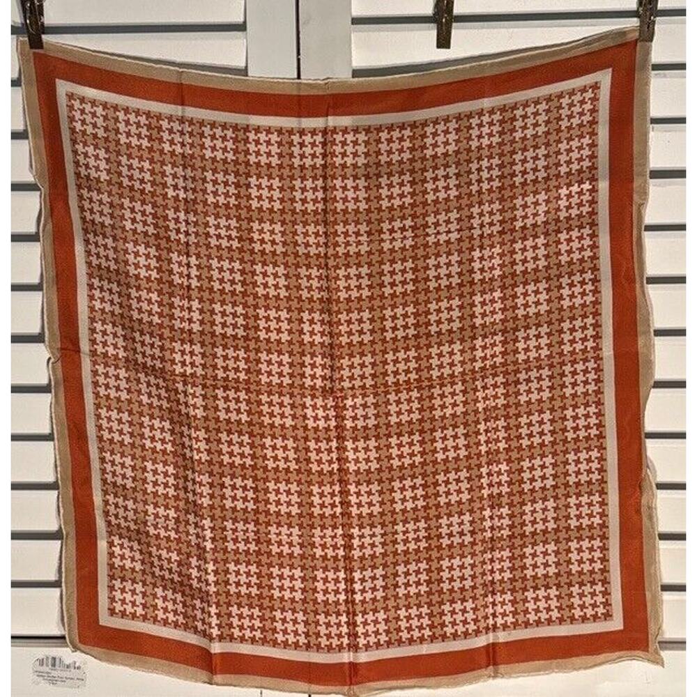 Vintage Glentex Silk Scarf Brown Blue Gray Geometric ~23" Square